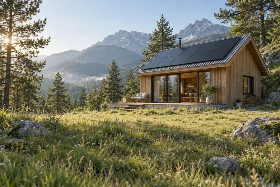 Illustration d’un chalet isolé équipé de panneaux solaires