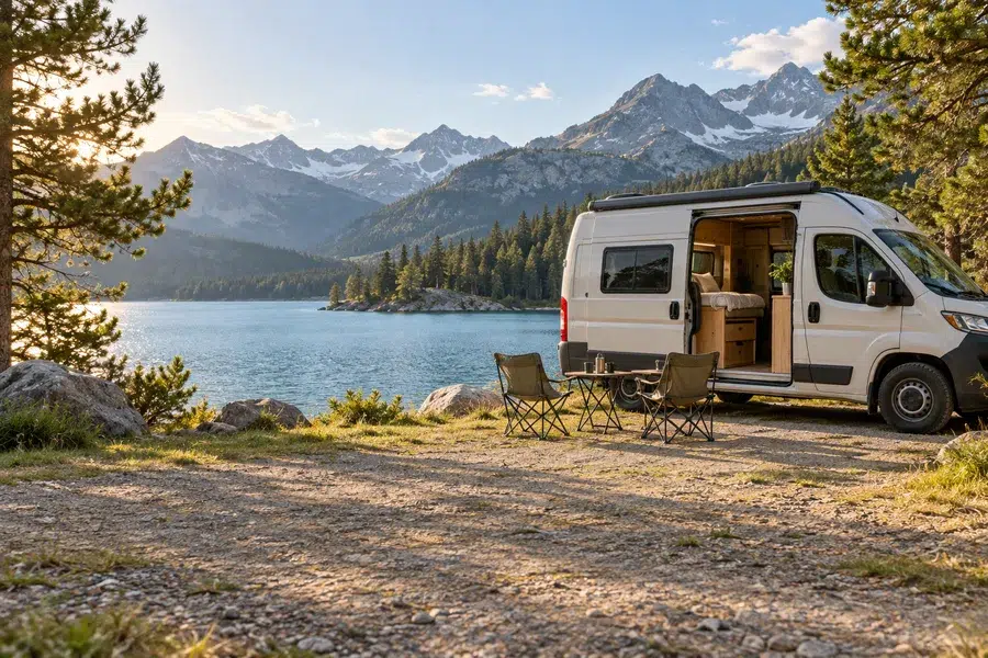Illustration d’un van aménagé au bord d’un lac