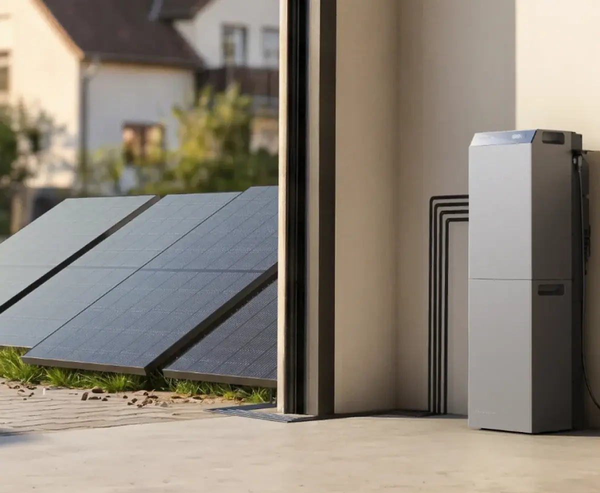 Batterie EcoFlow STREAM installée dans un garage, à côté de panneaux solaires