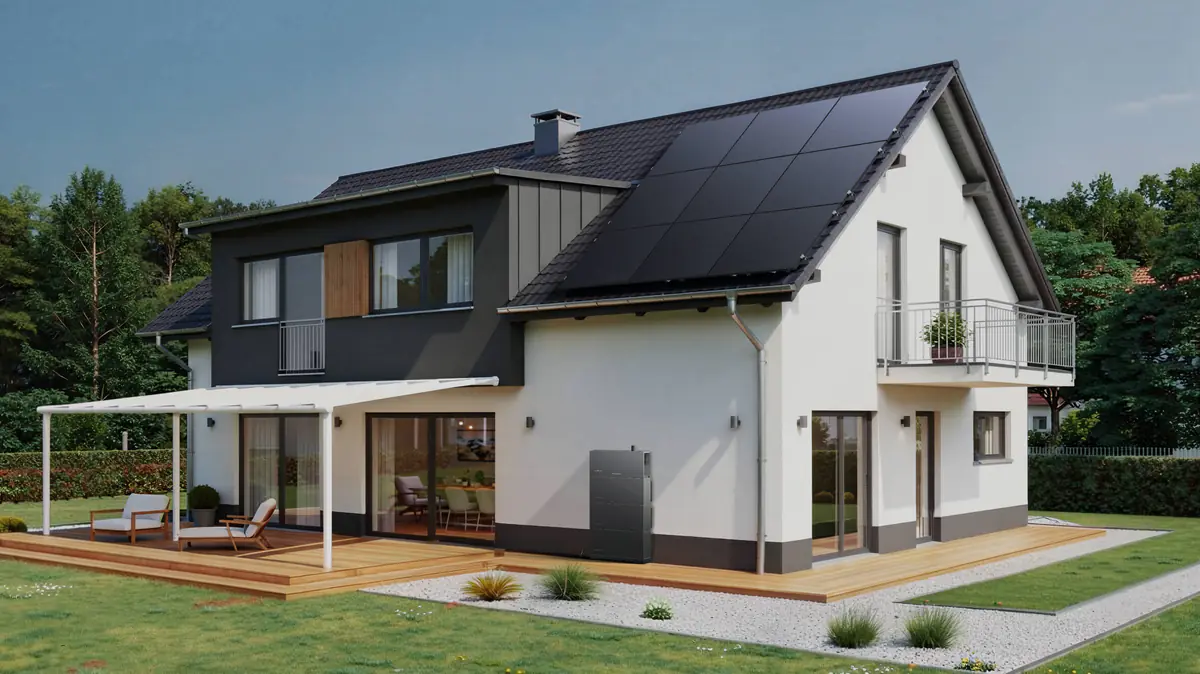 Maison équipée de panneaux solaires sur le toit et d'une batterie EcoFlow OCEAN 2 en façade
