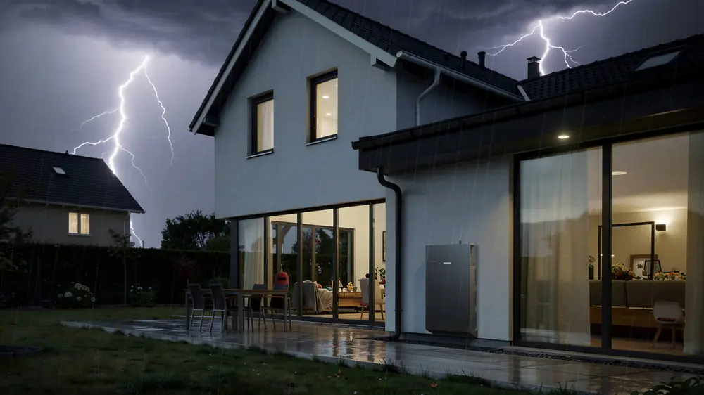 Maison équipée d'une batterie EcoFlow OCEAN 2, éclairée pendant un orage