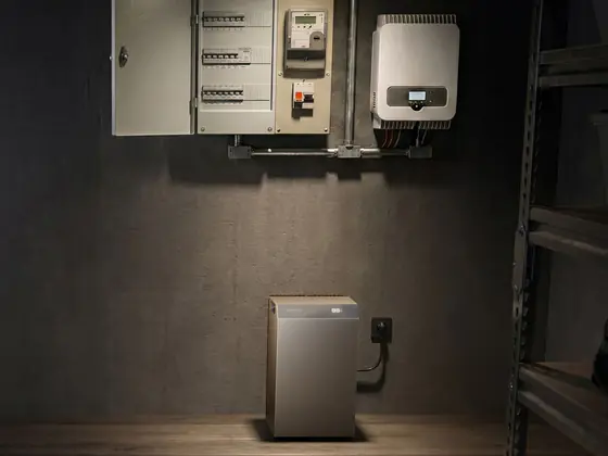Batterie STREAM branchée sur une prise, sous le tableau électrique et l'onduleur existant